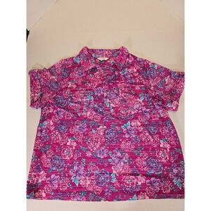 Coral Bay Woman 2X Floral Button Shirt Top Short Sleeve Purple Blue‎